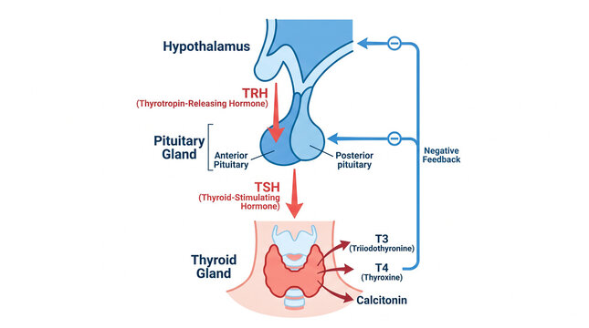 Endocrine system diagram showing hypothalamus, pituitary gland, and thyroid hormone feedback loop mechanism