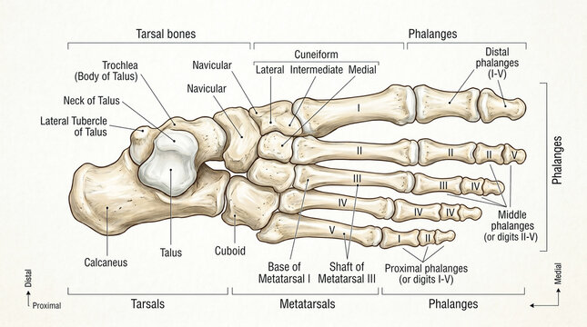 Detailed anatomical view of human foot bones with labeled tarsals, metatarsals, and phalanges for medical