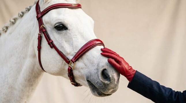 White horse head with red leather bridle being stroked by red gloved hand against soft beige backdrop, composed equestrian portrait conveying trust and gentle handling by human