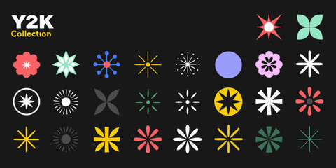 Geometric floral ornament collection vibrant y2k style vector illustration on black background abstract floral arrangement black background © Rekha