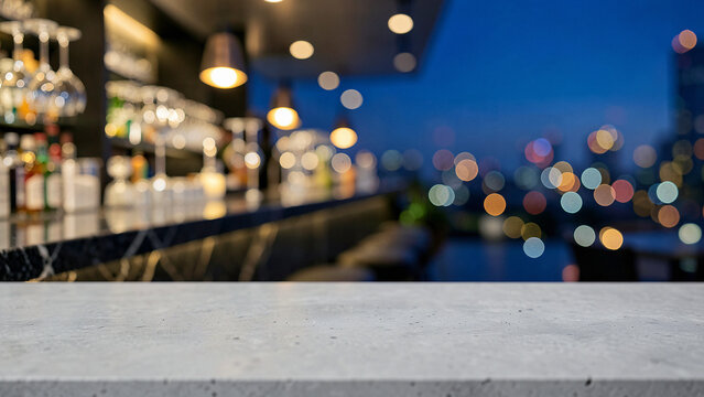 Honed Grey Concrete Table Surface on Sophisticated Open Air Rooftop Bar with Backlit Onyx Counter Lu