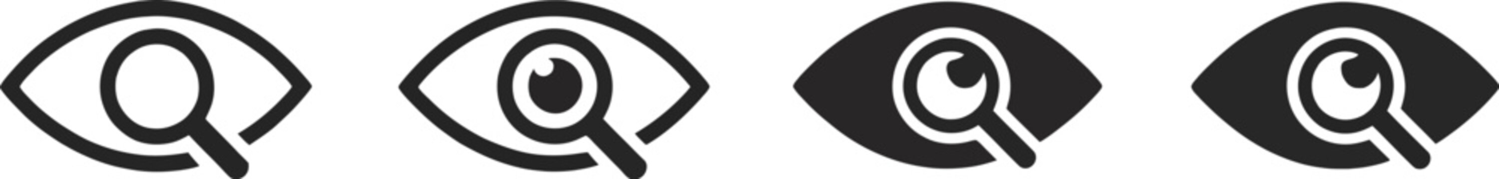 Eye search icon featuring visibility symbol and magnifying glass for content viewing and inspection.