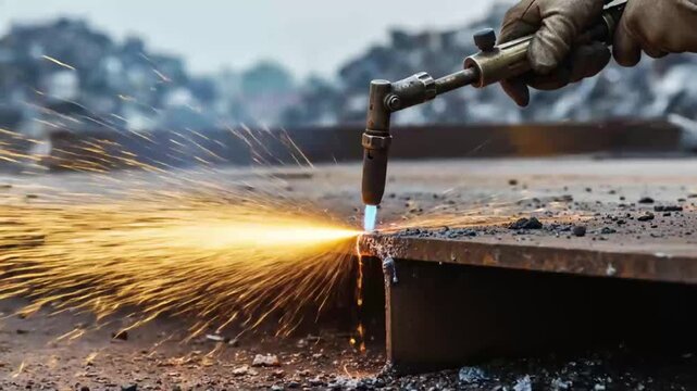 Welding sparks fly from torch cutting.