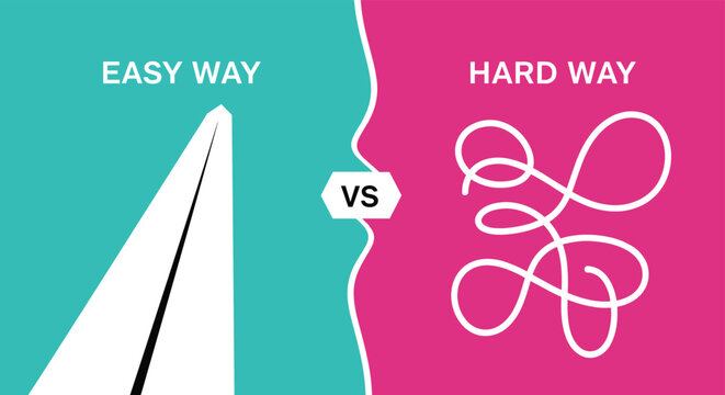 Conceptual comparison between an easy straight path and a hard complex tangled route illustrating different ways to achieve a goal.