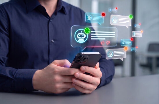 digital AI psychosis concept with chatbot notifications, smartphone mobile interface showing overload social media anxiety artificial intelligence addiction and online mental stress for modern technol