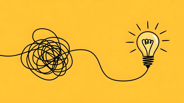 A tangled mess of black lines transforms into a clear lightbulb on a yellow background representing a eureka moment or problem solving