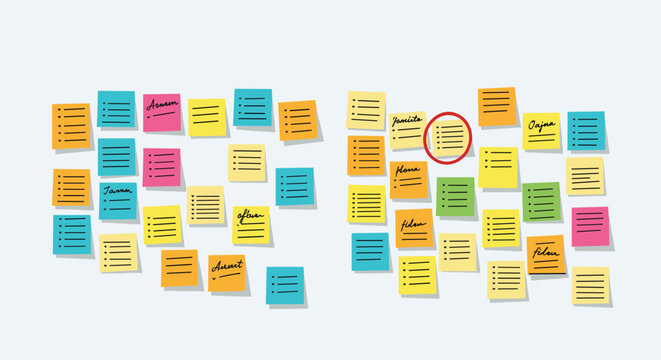 Large wall covered in numerous colorful sticky notes with handwritten text and checklists for project management and creative brainstorming.