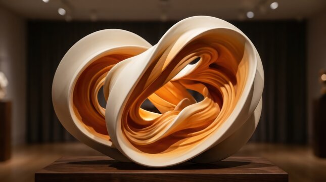 Curvaceous cream and orange layered sculpture on wooden plinth in dim gallery interior, close-up of organic looping form with warm tones, tactile surface and contemplative atmosphere.
