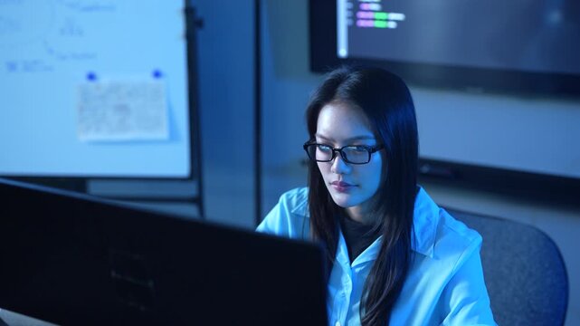 Programmer professional female working on software development, Asian IT developer coding for SaaS platform and cybersecurity network, Modern technology and computer programming business concept