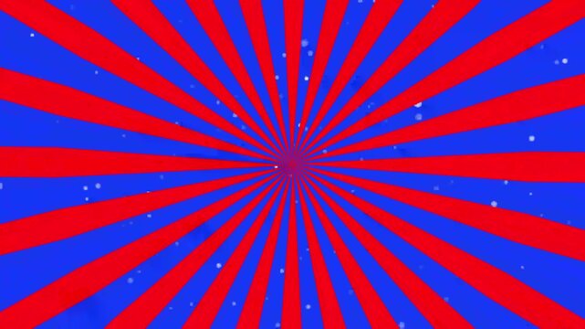 Red and blue sunburst background, with floating particles, dynamic retro radial, pattern for motion, broadcast and event visuals