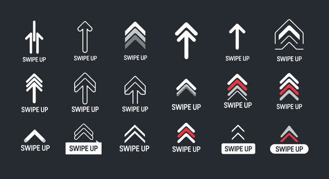 Modern set of swipe up arrow icons and buttons designed for social media stories and mobile application user interface navigation.