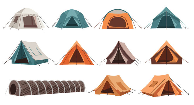 Collection of outdoor camping tents in various shapes and colors like orange, blue, and tan designed for hiking and adventure activities.