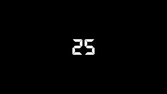 Digital countdown timer with white led seven-segment digits on black background, for broadcast and motion