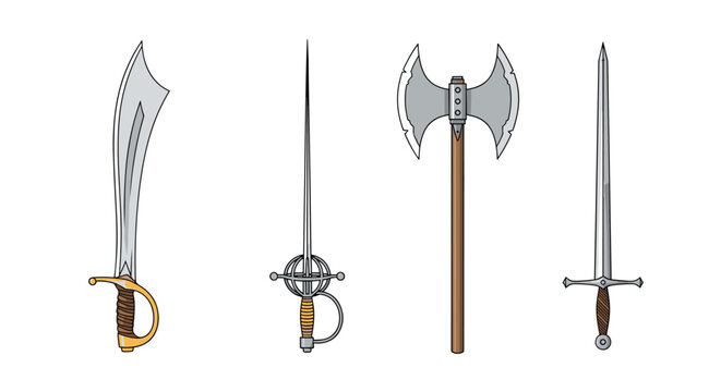 Detailed illustration of four distinct medieval weapons including a curved scimitar, a thin rapier, a double axe, and a classic longsword.