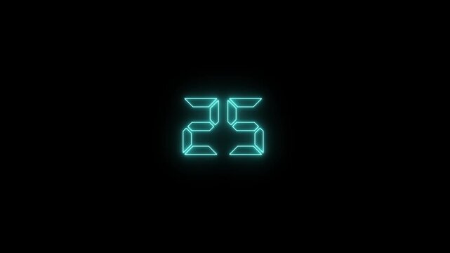 Neon cyan digital countdown timer with glowing seven-segment display for motion and broadcast transitions