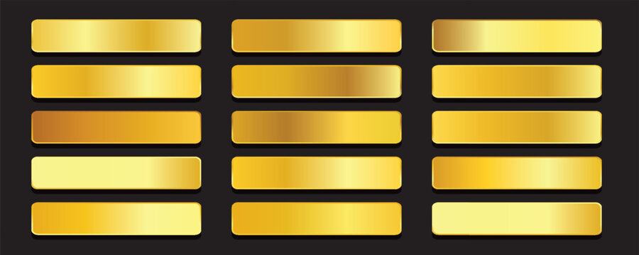 Gold gradient palette set with realistic metallic shiny bars isolated on black background. Golden foil texture swatches vector collection for luxury design, web buttons, and UI elements.