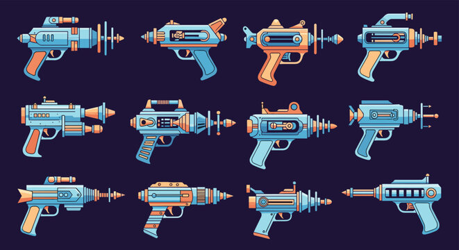 Array of retro futuristic ray guns and space blasters illustrated in a consistent blue and orange color palette on a dark background.