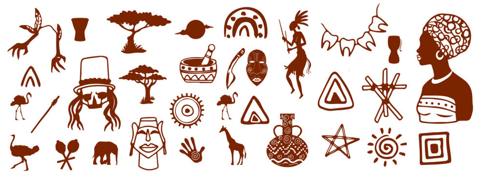 Han drawn African tribal and voodoo spiritual elements collection illustration.  African tribal art and spiritual cultural motifs vector set.