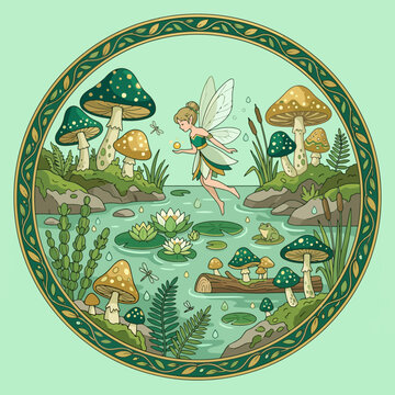 A whimsical fairy hovers over a magical forest pond