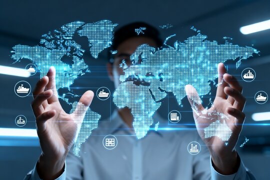 Businessman Interacting with Global Digital Map