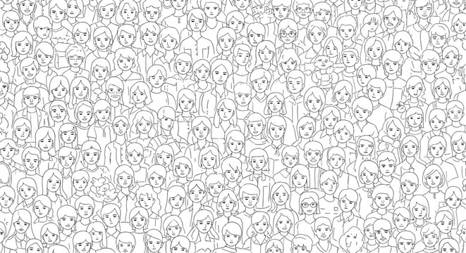Detailed line art drawing of a large and dense crowd of diverse people standing together representing society, population, and community.