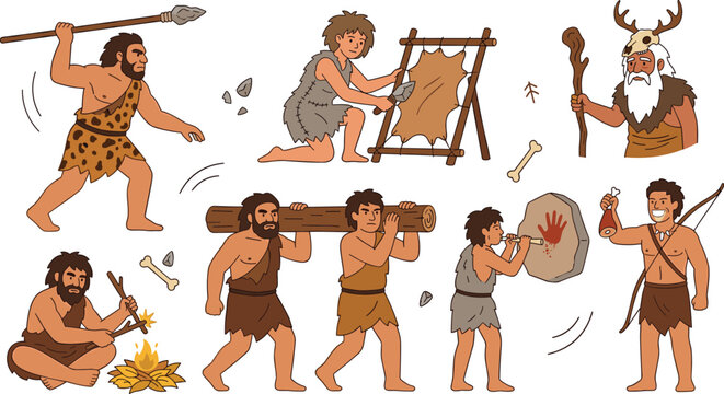 Stone Age Caveman Character Vector Set with Prehistoric People Hunting with Spears, Making Fire, Painting Cave Walls, and Processing Animal Skins