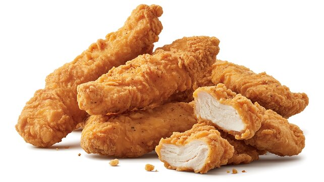 Crispy fried chicken tenders isolated on white background with golden crunchy coating