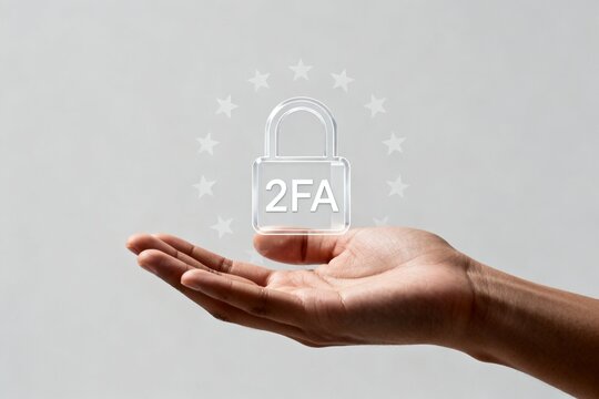 Hand Holding Transparent 2FA Lock Icon Against Soft Gray Background