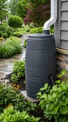 Fototapeta premium Récupérateur d’eau de pluie dans un jardin domestique luxuriant