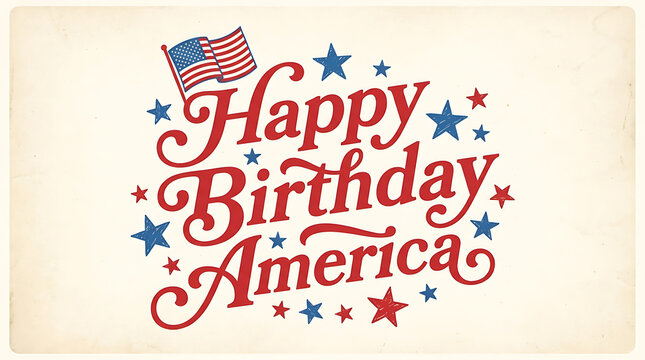 Vintage style greeting card with the text happy birthday america in red cursive font surrounded by blue and red stars and a small flag