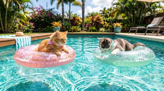 Two cats lounging on inflatable pool floats in backyard pool surrounded by tropical plants and lounge chairs, relaxed pets enjoying sunny poolside scene with colorful floats and summer atmosphere.