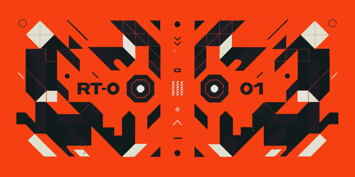 Geometric pattern with alphanumeric text on bright orange background vector illustration abstract design angular shapes