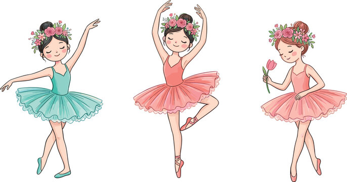 Cute Little Ballerina Girl Character Set with Floral Wreaths, Ballet Tutu Dresses, and Dancing Poses for Kids Design, Cards, and Patterns