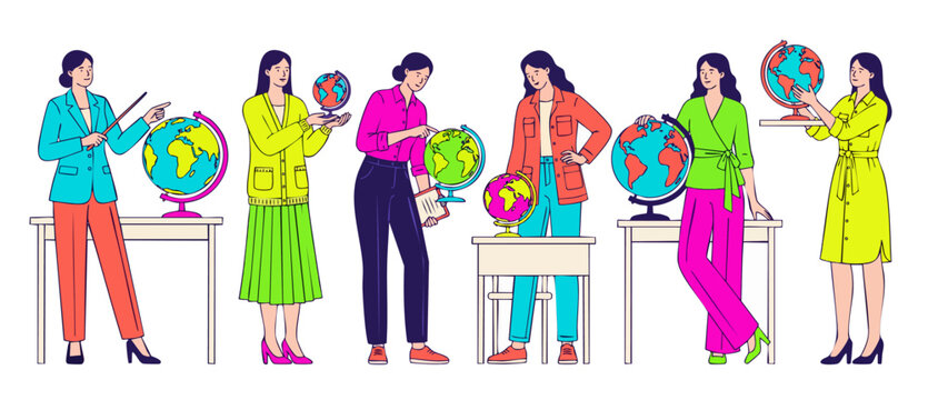 Female teacher geography class globe women teaching student characters studying world map travel lesson colorful school education flat line art vector illustration isolated on white background