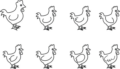 Fototapeta premium chicken icon set, Black silhouette of a chickens, same proportions four styles black solid glyph minimal flat vectors designs elements, cute hen symbols, , farm animal icons graphics templates,