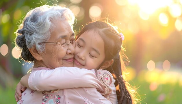 Grandma & grandchild share a hug with soft sunlight in the background, expressing warmth and intergenerational love