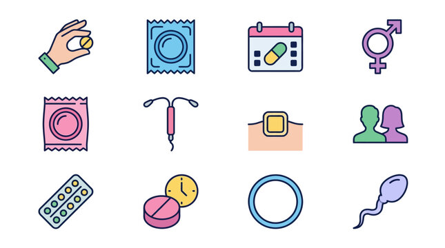 Illustrated icons representing contraceptive methods and health