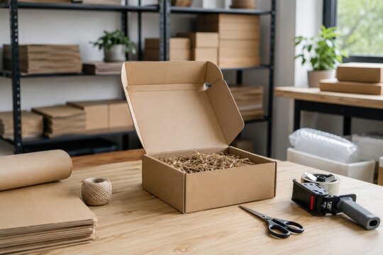 Espace de travail organis&eacute; pour exp&eacute;dition de colis artisanaux
