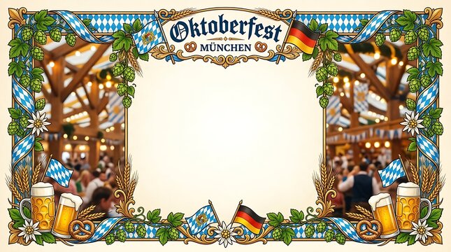 Oktoberfest Munich Traditional Bavarian Festival Frame with Beer and Decorations.