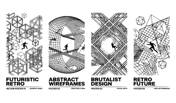 Abstract Retro Future Poster Set with Modern Monochrome Perspective Wireframe Landscapes Geometric Grids and Running Sci-Fi Human Silhouettes