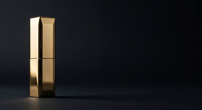 Gold luxury cosmetic stick case on the left side of a black background