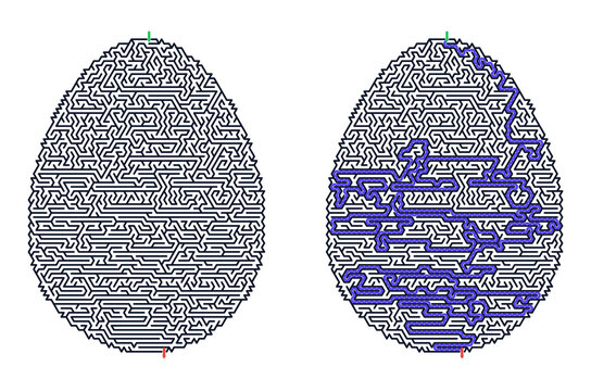 Egg-shaped labyrinth puzzle with solution path and logic challenge For Activity Book
