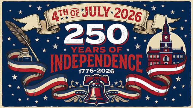 4th of july 2026, 250 years of independence 1776-2026, vintage style with liberty bell, independence hall, quill pen, and ink well