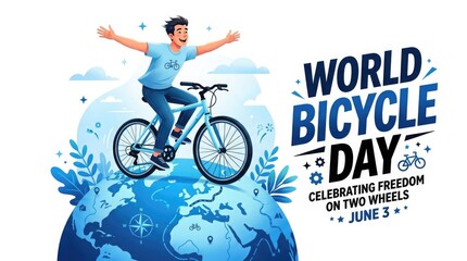 Naklejka premium World Bicycle Day Celebration Illustration with Young Man Riding Bike