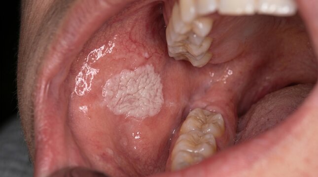 Clinical Intraoral Photograph of Oral Leukoplakia on the Buccal Mucosa
