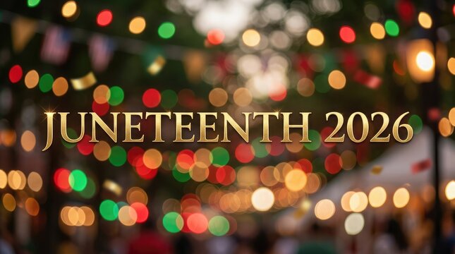 Juneteenth celebration with colorful lights and gold text overlay