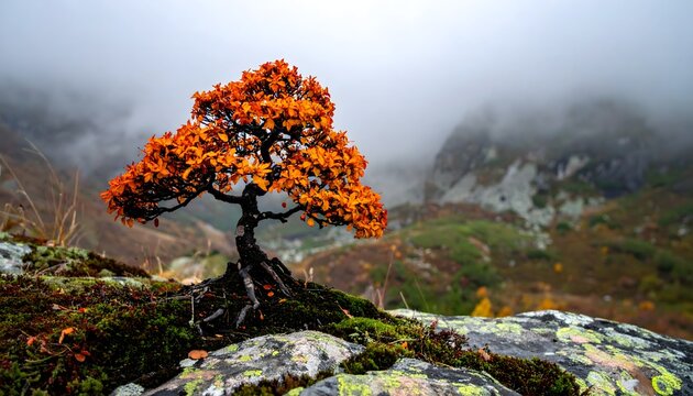 &Aacute;rbol solitario con hojas naranjas en un paisaje de monta&ntilde;a con rocas, niebla y ambiente oto&ntilde;al