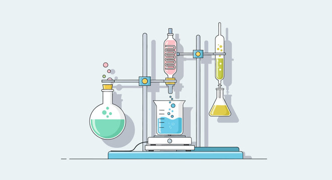 Chemical experiment with laboratory equipment, titration and distillation setup