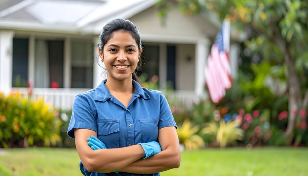 Mujer adulta sonriendo con brazos cruzados frente a una casa con jard&iacute;n y fondo residencial desenfocado