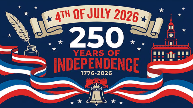 4th of july 2026, 250 years of independence 1776-2026, vintage with liberty bell, independence hall, quill pen, and ink well on blue background